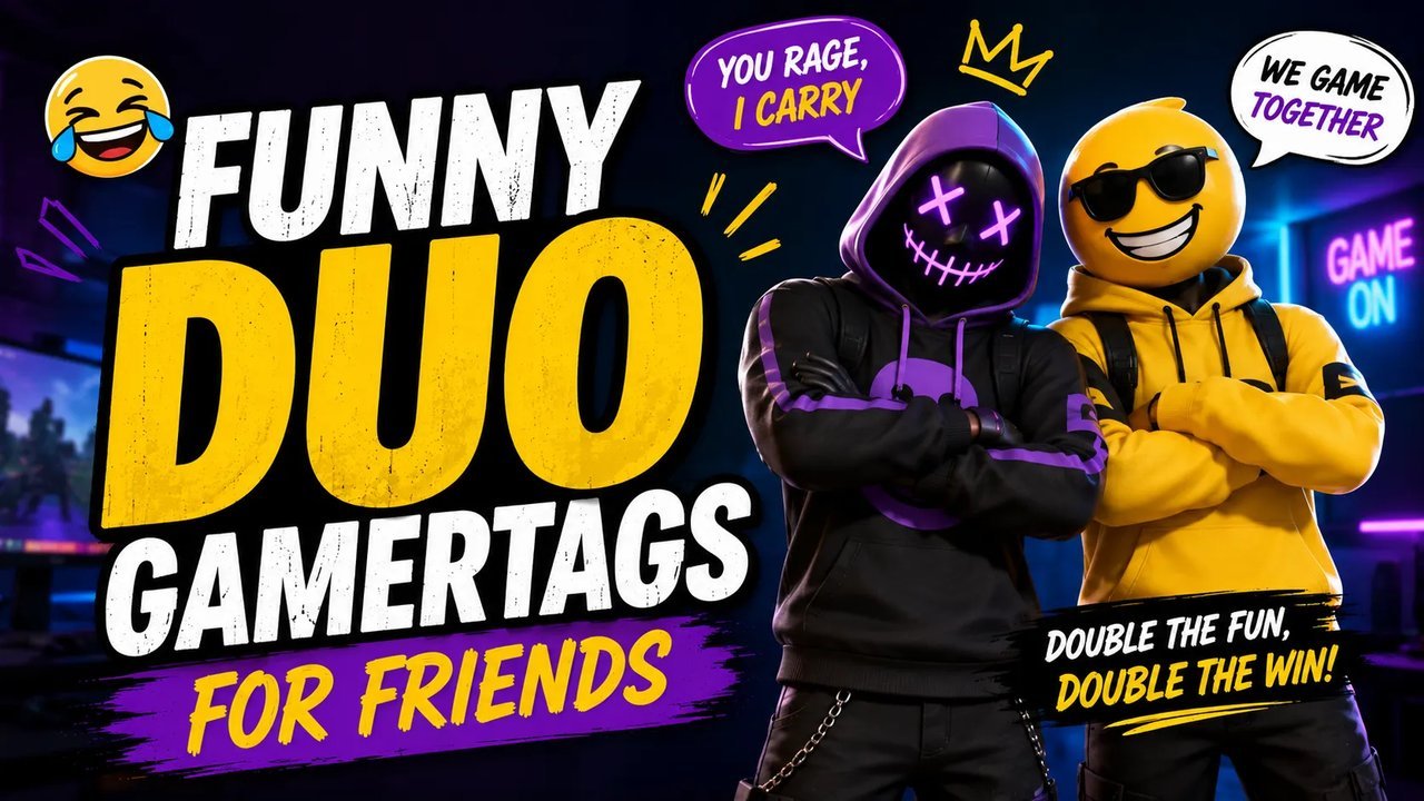 Two friends gaming together and choosing matching funny duo gamertags